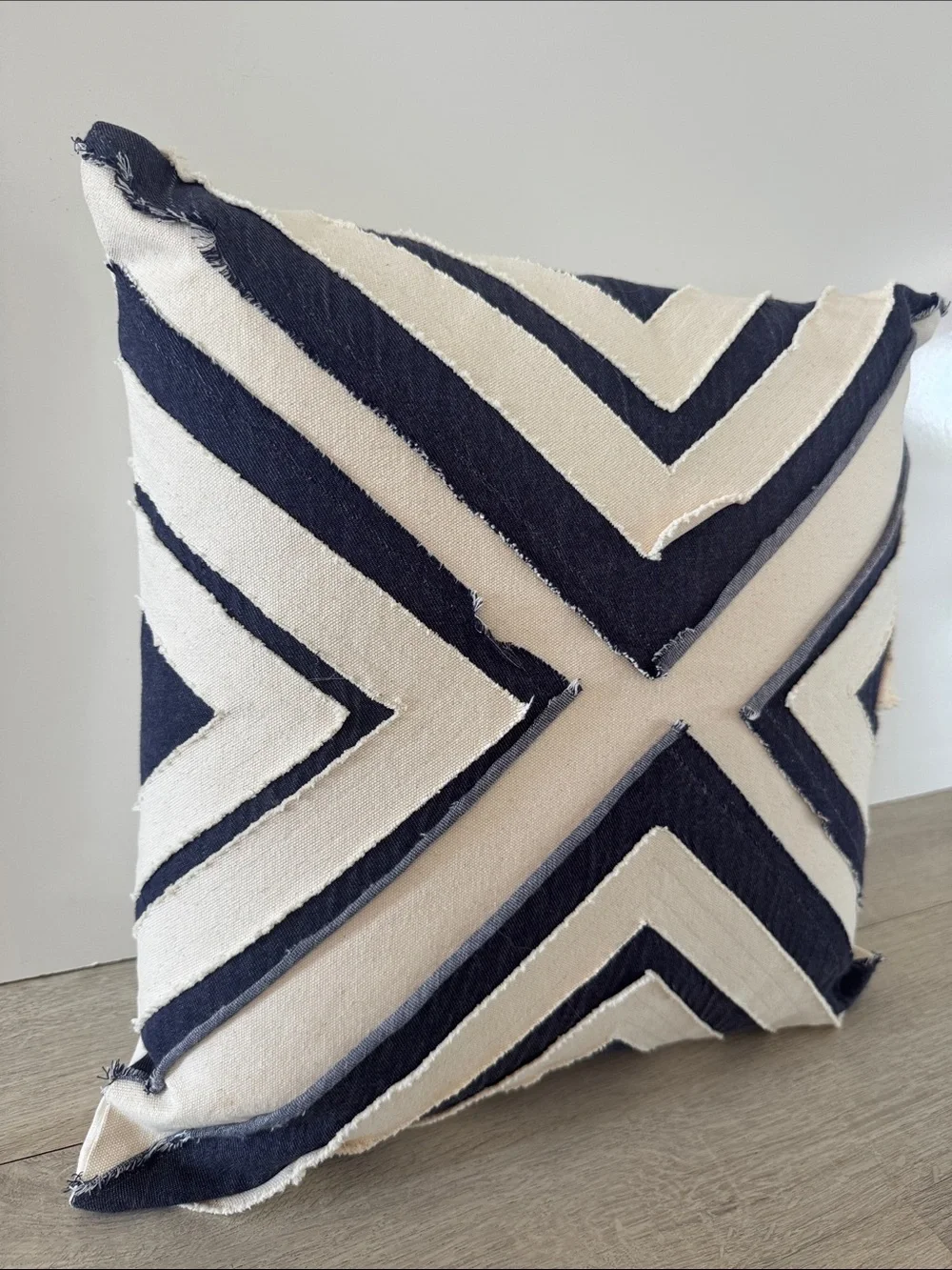 LOLOI Pillow 18x18 Denim Chevron Accent Navy Blue Linen Cotton With Insert